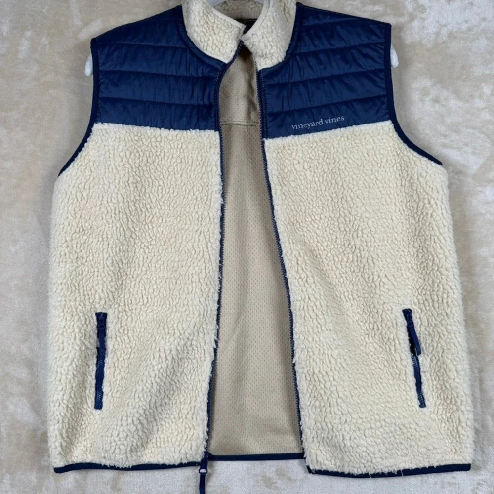 Vineyard Vines Boys XL 18 Sherpa Fleece Vest Navy Cream Quilted Colorblock Zip
